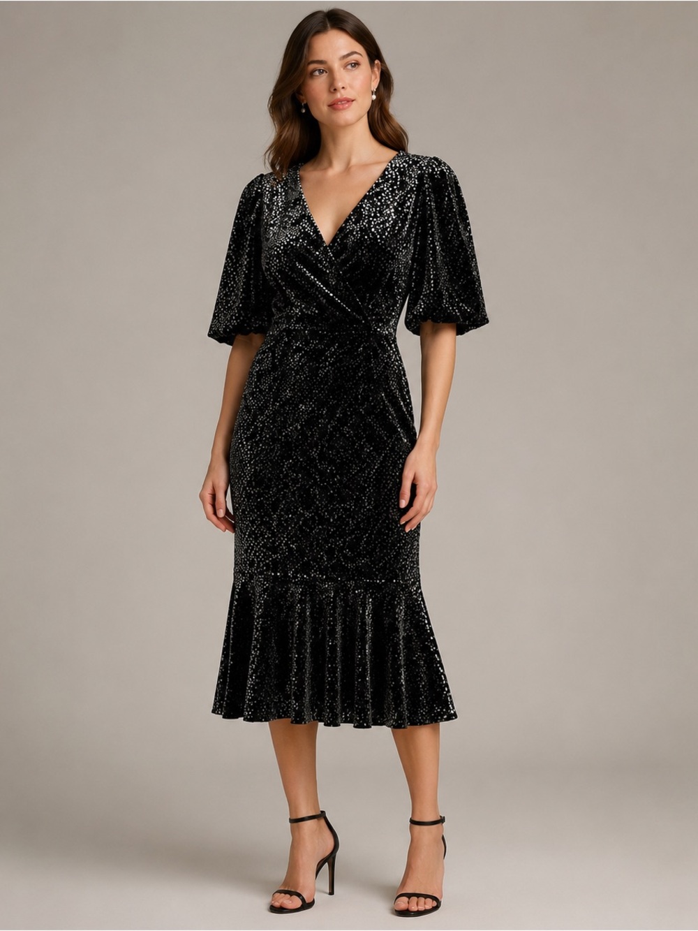 Shoshanna Colette Silk Blend Velvet Dot Midi Dress Black Size 8 NWT